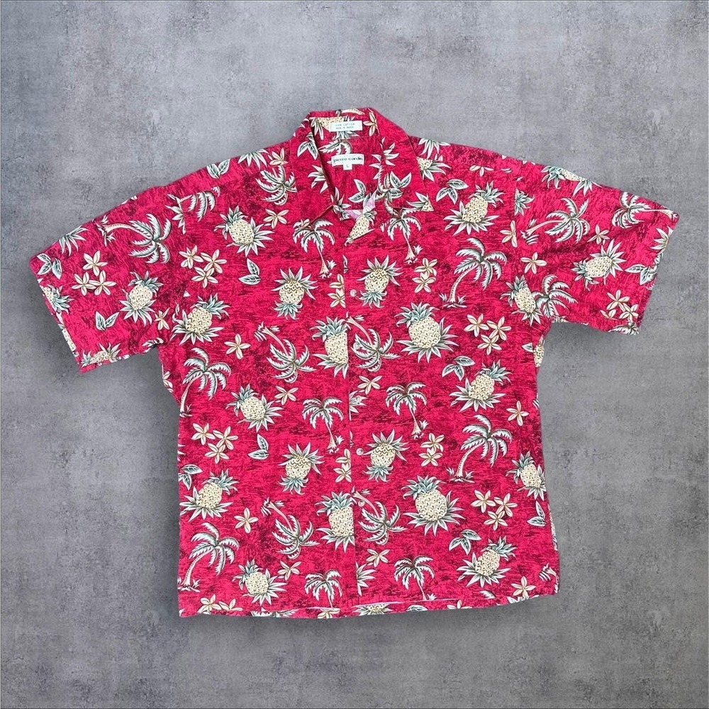 Vintage 80s Red Hawaiian Shirt Large Pierre Cardin Pineapple Palm Print